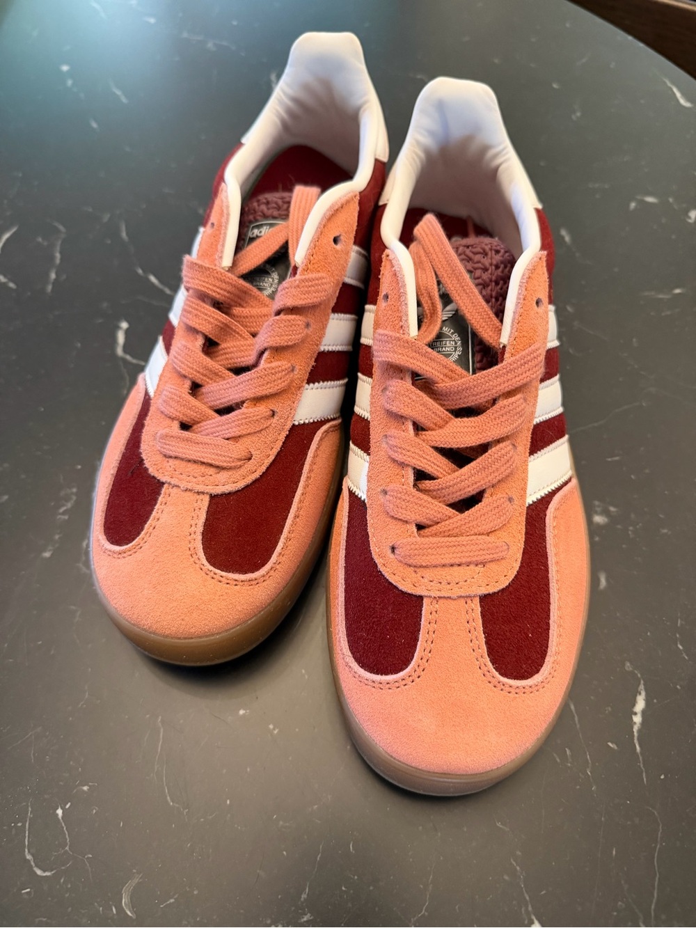 adidas gazelle sneakers in Peach & Burgundy with White Stripes